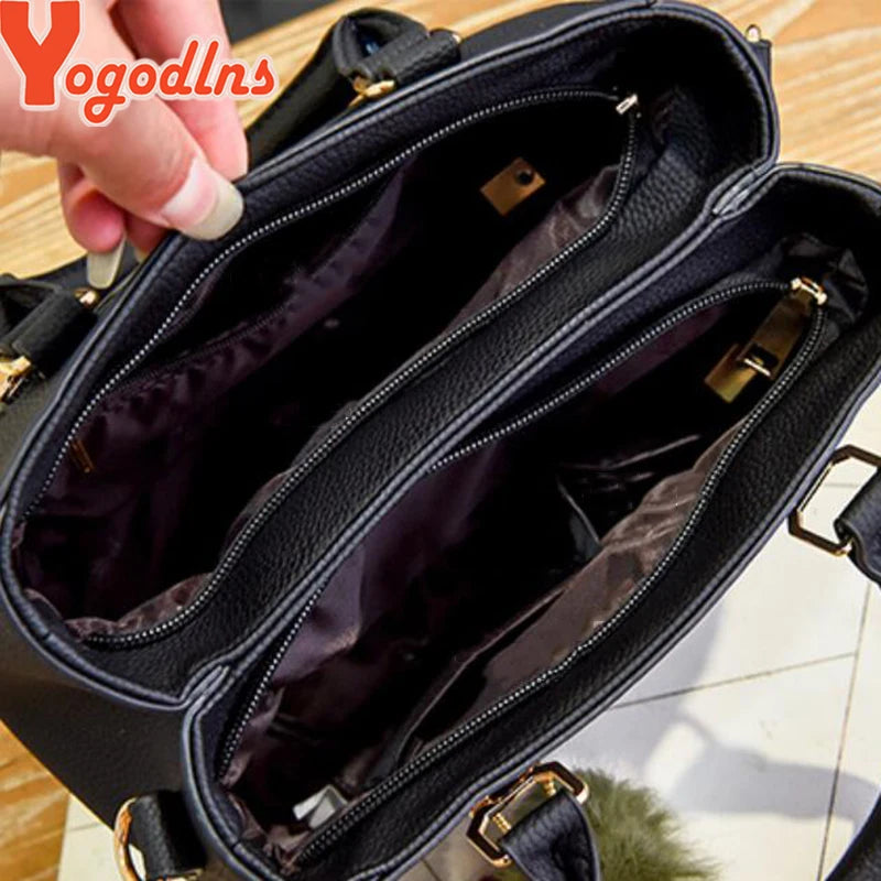 Yogodlns Women's Beaded Pendant Handbag - Embossed Shoulder Messenger Bag with Hairball Design