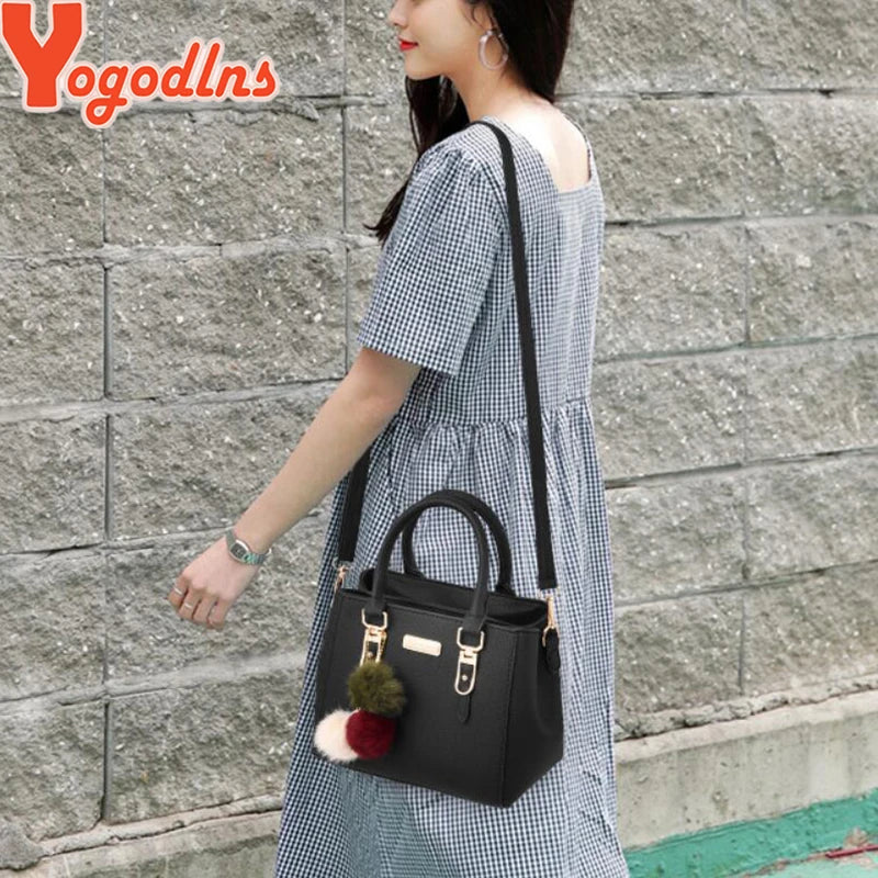 Yogodlns Women's Beaded Pendant Handbag - Embossed Shoulder Messenger Bag with Hairball Design