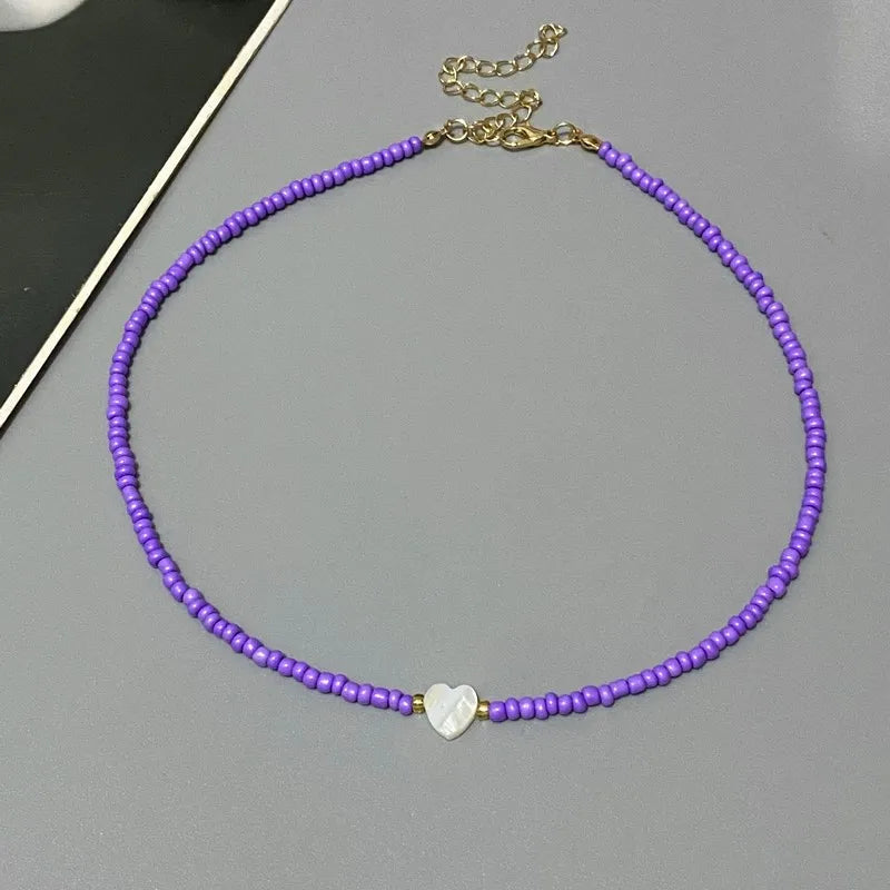 Nature-Inspired Shell & Heart Choker Necklace - Colorful Glass Beads Spring/Summer Jewelry Gift