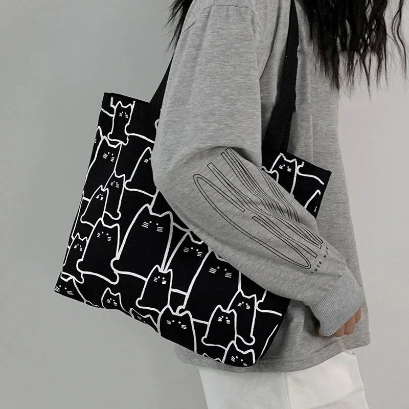 Japanese Cartoon Cat Tote Bag - Cute Canvas Shopper Handbag for Women & Girls