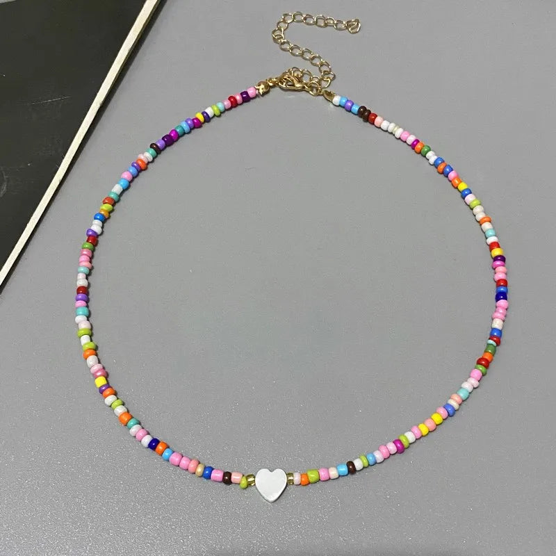 Nature-Inspired Shell & Heart Choker Necklace - Colorful Glass Beads Spring/Summer Jewelry Gift