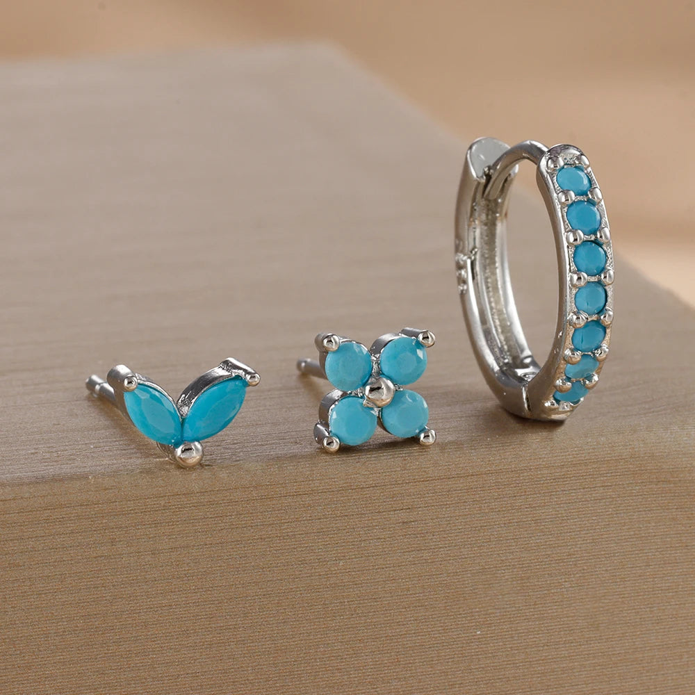 3-Piece Gold Circle Hoop Earrings Set with Zircon Flower Studs