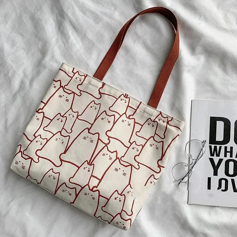 Japanese Cartoon Cat Tote Bag - Cute Canvas Shopper Handbag for Women & Girls