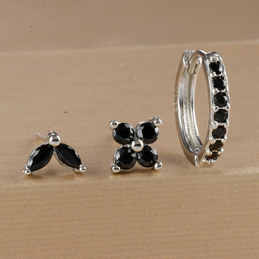 3-Piece Gold Circle Hoop Earrings Set with Zircon Flower Studs