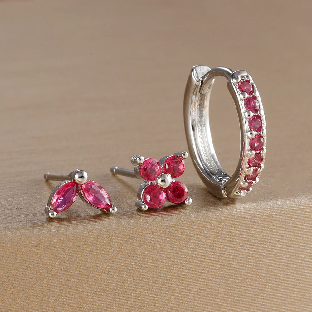3-Piece Gold Circle Hoop Earrings Set with Zircon Flower Studs