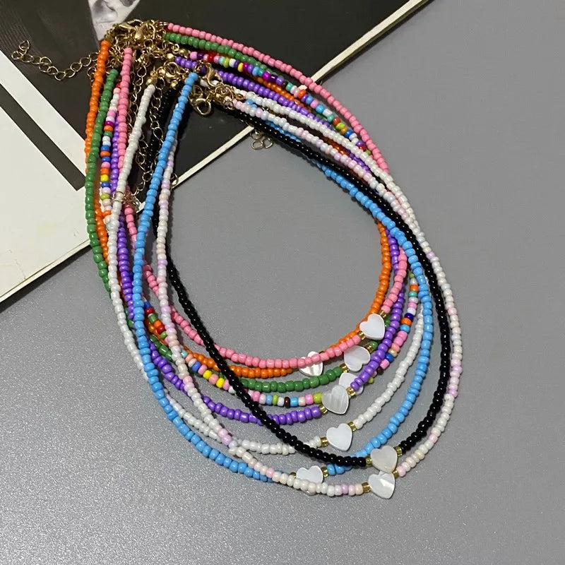 Nature-Inspired Shell & Heart Choker Necklace - Colorful Glass Beads Spring/Summer Jewelry Gift