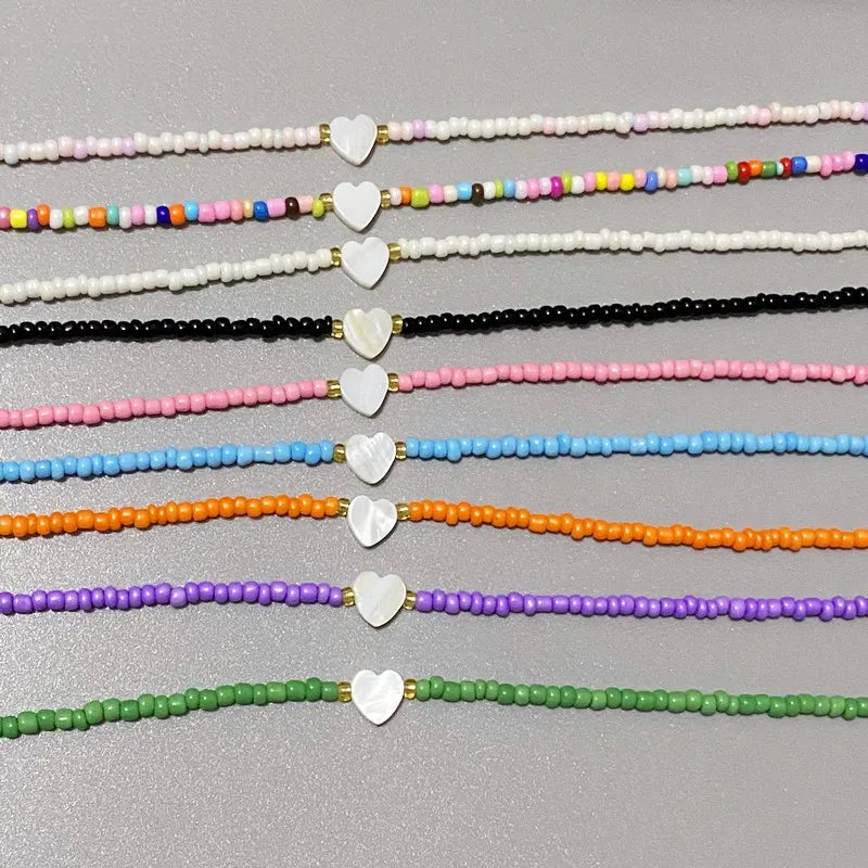 Nature-Inspired Shell & Heart Choker Necklace - Colorful Glass Beads Spring/Summer Jewelry Gift