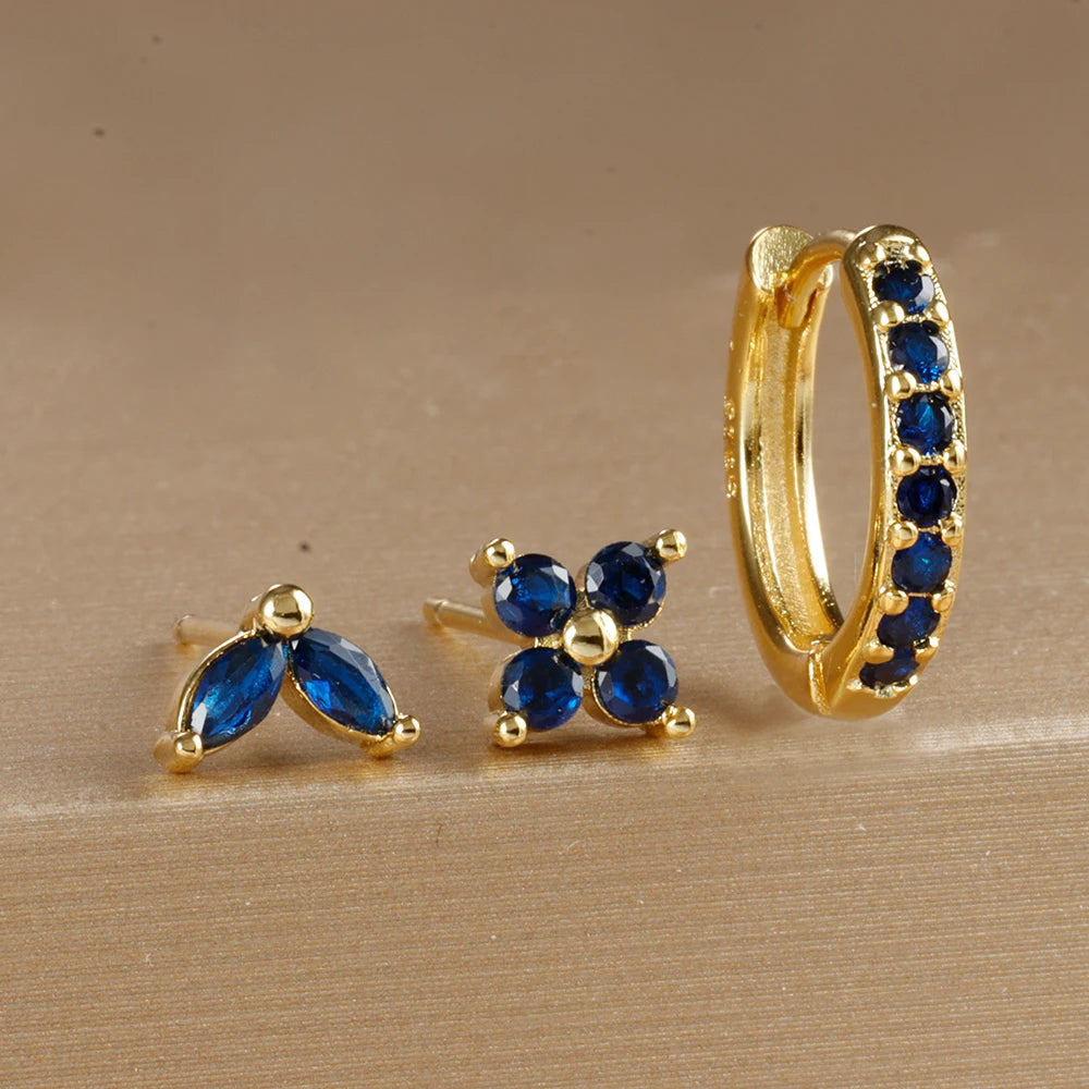 3-Piece Gold Circle Hoop Earrings Set with Zircon Flower Studs