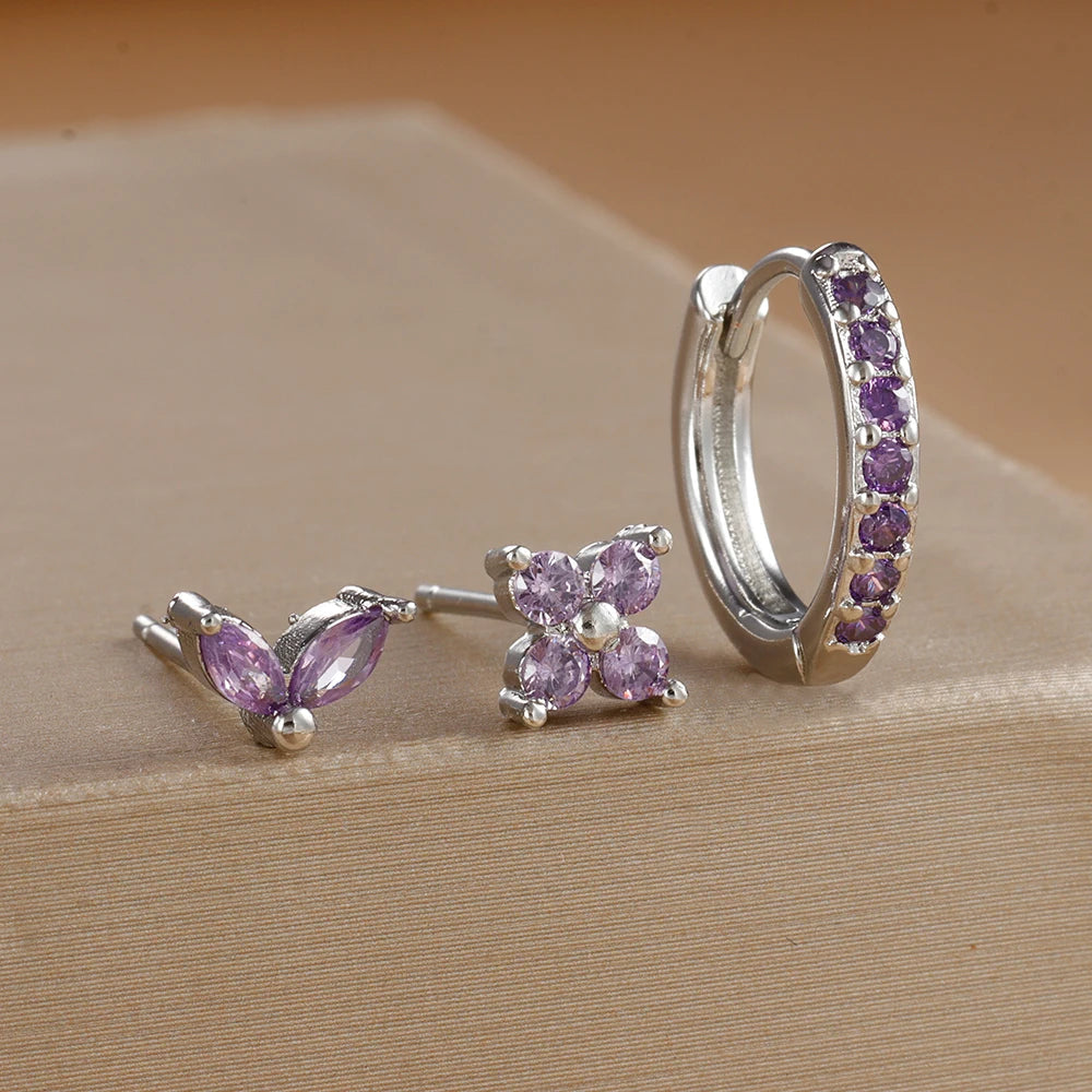 3-Piece Gold Circle Hoop Earrings Set with Zircon Flower Studs