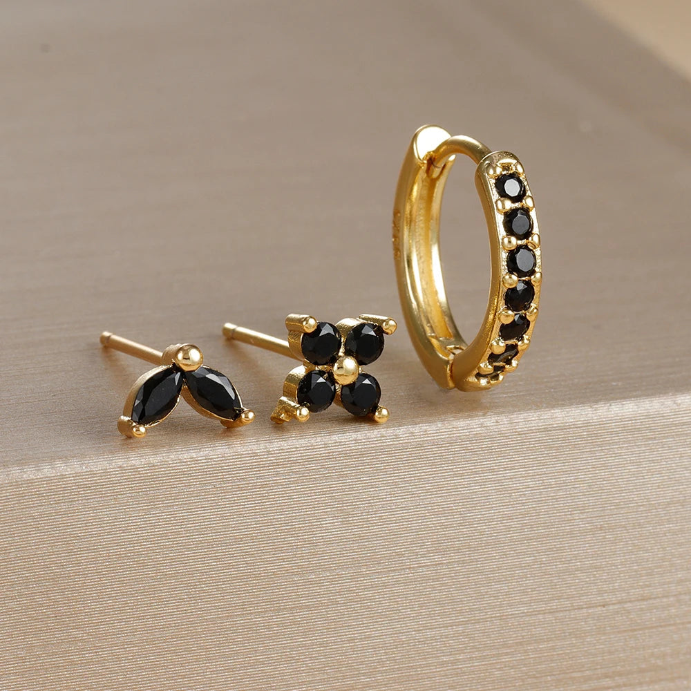 3-Piece Gold Circle Hoop Earrings Set with Zircon Flower Studs