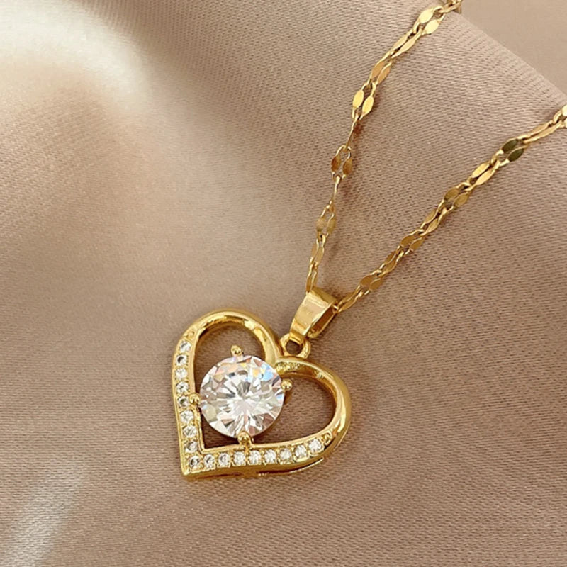 Golden Heart & Lips Pendant Necklace - Stainless Steel Fashion Jewelry for Women