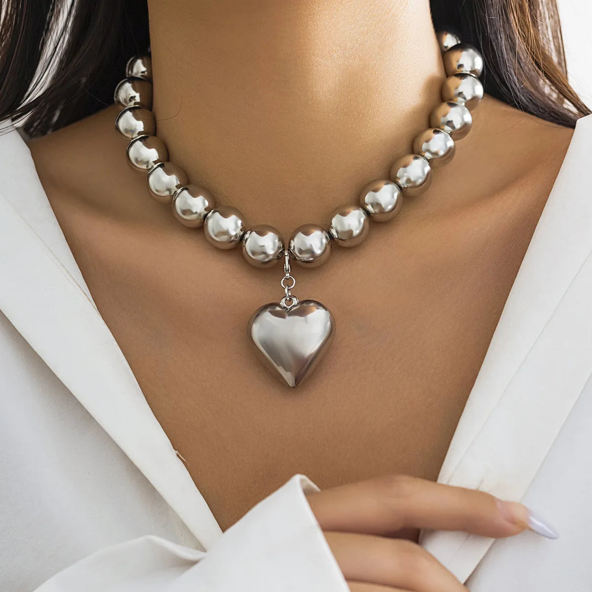 Trendy CCB Ball Beaded Heart Pendant Choker Necklace - 2025 Fashion Jewelry for Women