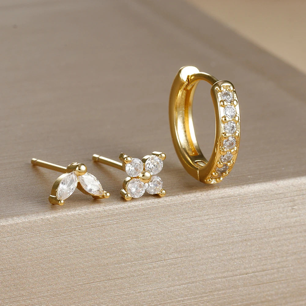 3-Piece Gold Circle Hoop Earrings Set with Zircon Flower Studs