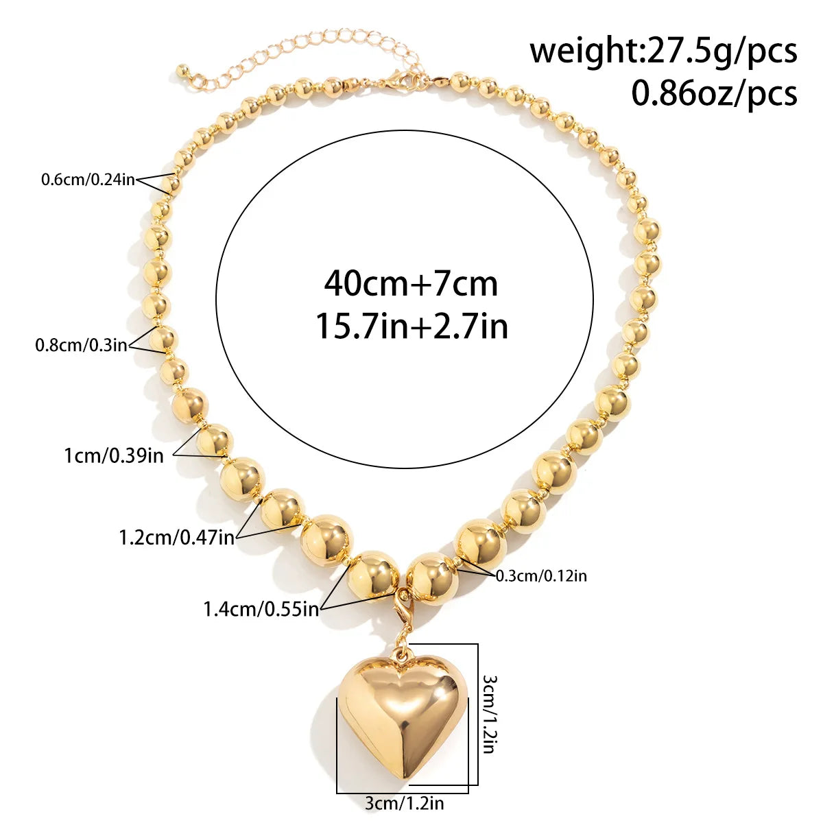 Trendy CCB Ball Beaded Heart Pendant Choker Necklace - 2025 Fashion Jewelry for Women
