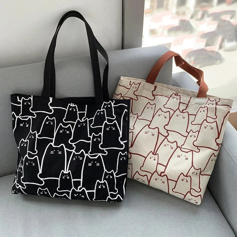 Japanese Cartoon Cat Tote Bag - Cute Canvas Shopper Handbag for Women & Girls