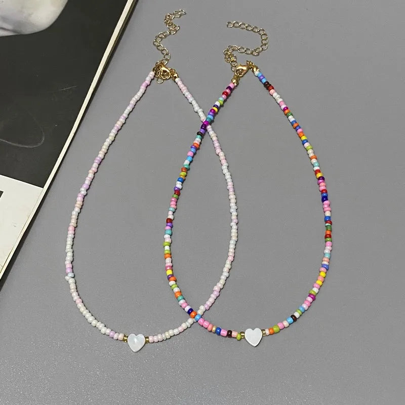 Nature-Inspired Shell & Heart Choker Necklace - Colorful Glass Beads Spring/Summer Jewelry Gift