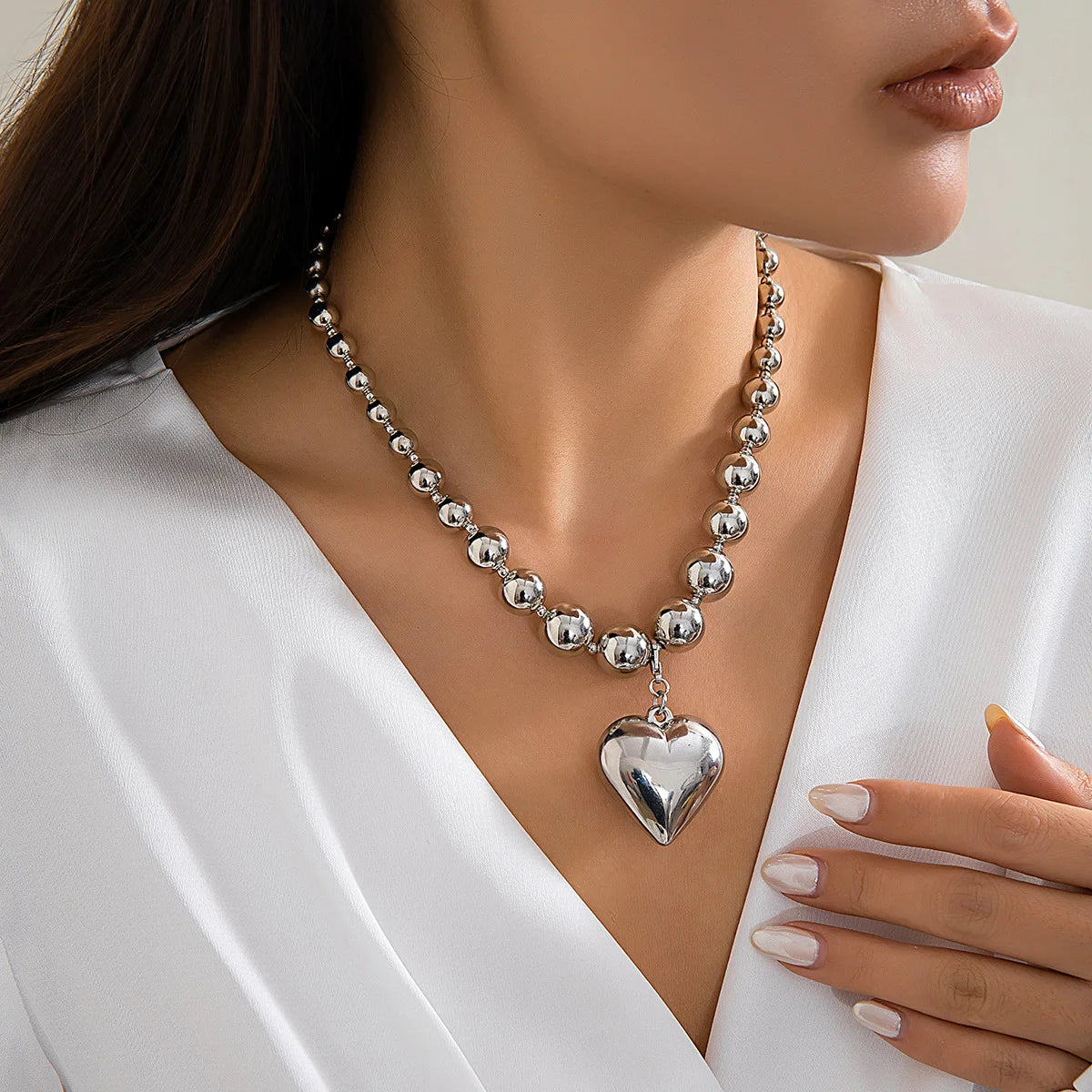 Trendy CCB Ball Beaded Heart Pendant Choker Necklace - 2025 Fashion Jewelry for Women
