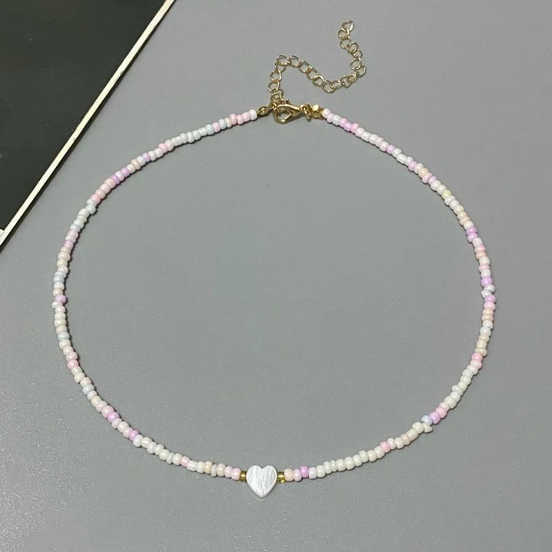 Nature-Inspired Shell & Heart Choker Necklace - Colorful Glass Beads Spring/Summer Jewelry Gift