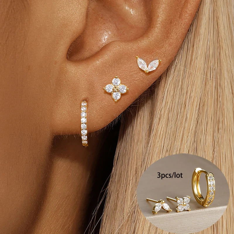 3-Piece Gold Circle Hoop Earrings Set with Zircon Flower Studs