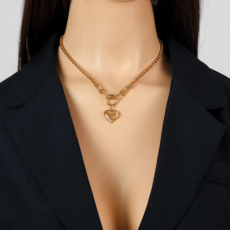 EILIECK 316L Stainless Steel Heart Pendant Necklace - 18K Gold Plated Waterproof Love Jewelry