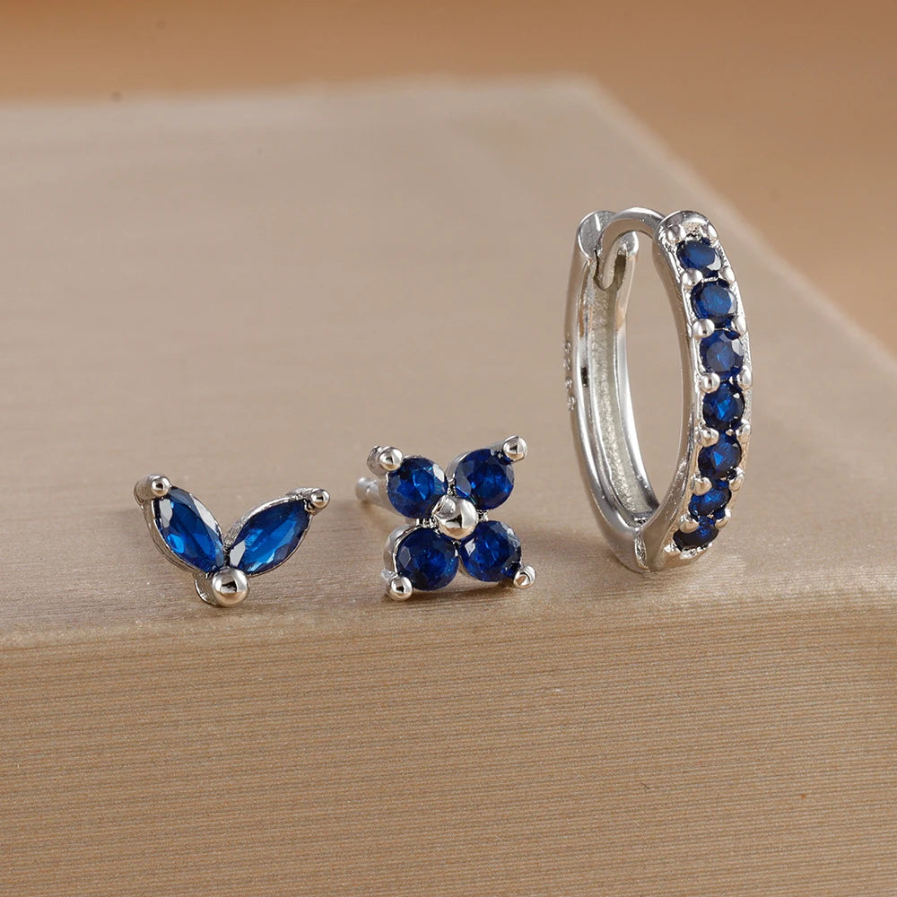 3-Piece Gold Circle Hoop Earrings Set with Zircon Flower Studs
