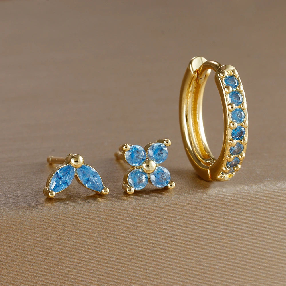 3-Piece Gold Circle Hoop Earrings Set with Zircon Flower Studs