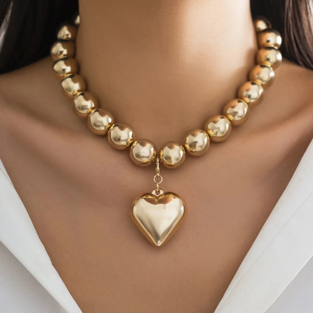 Trendy CCB Ball Beaded Heart Pendant Choker Necklace - 2025 Fashion Jewelry for Women
