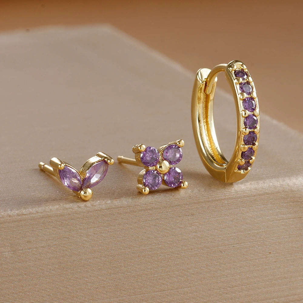 3-Piece Gold Circle Hoop Earrings Set with Zircon Flower Studs