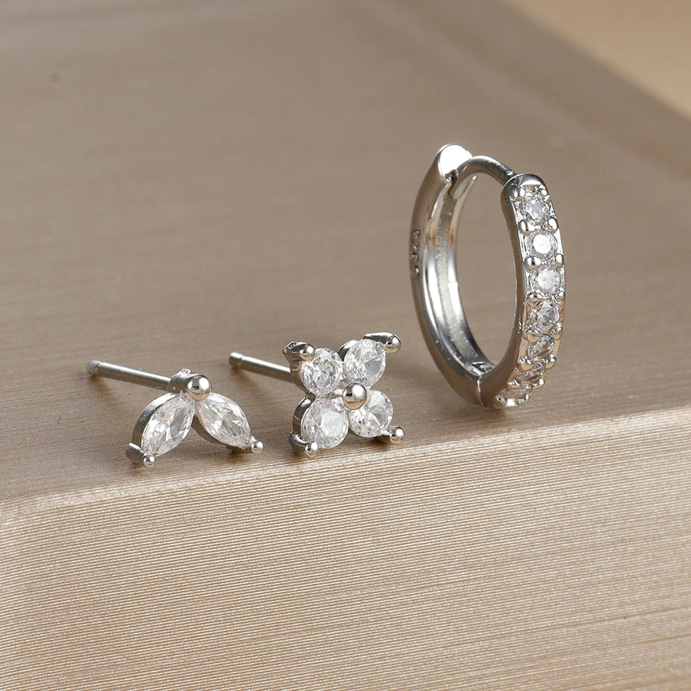 3-Piece Gold Circle Hoop Earrings Set with Zircon Flower Studs