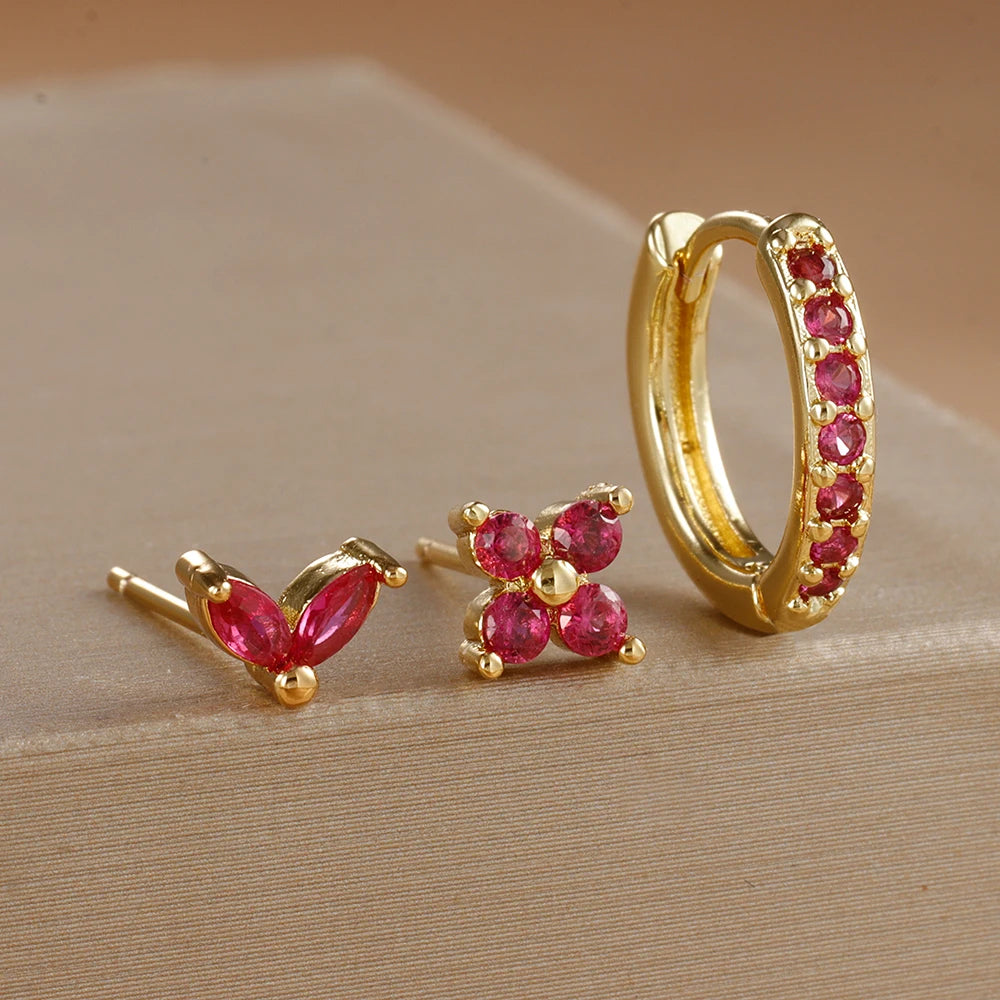 3-Piece Gold Circle Hoop Earrings Set with Zircon Flower Studs
