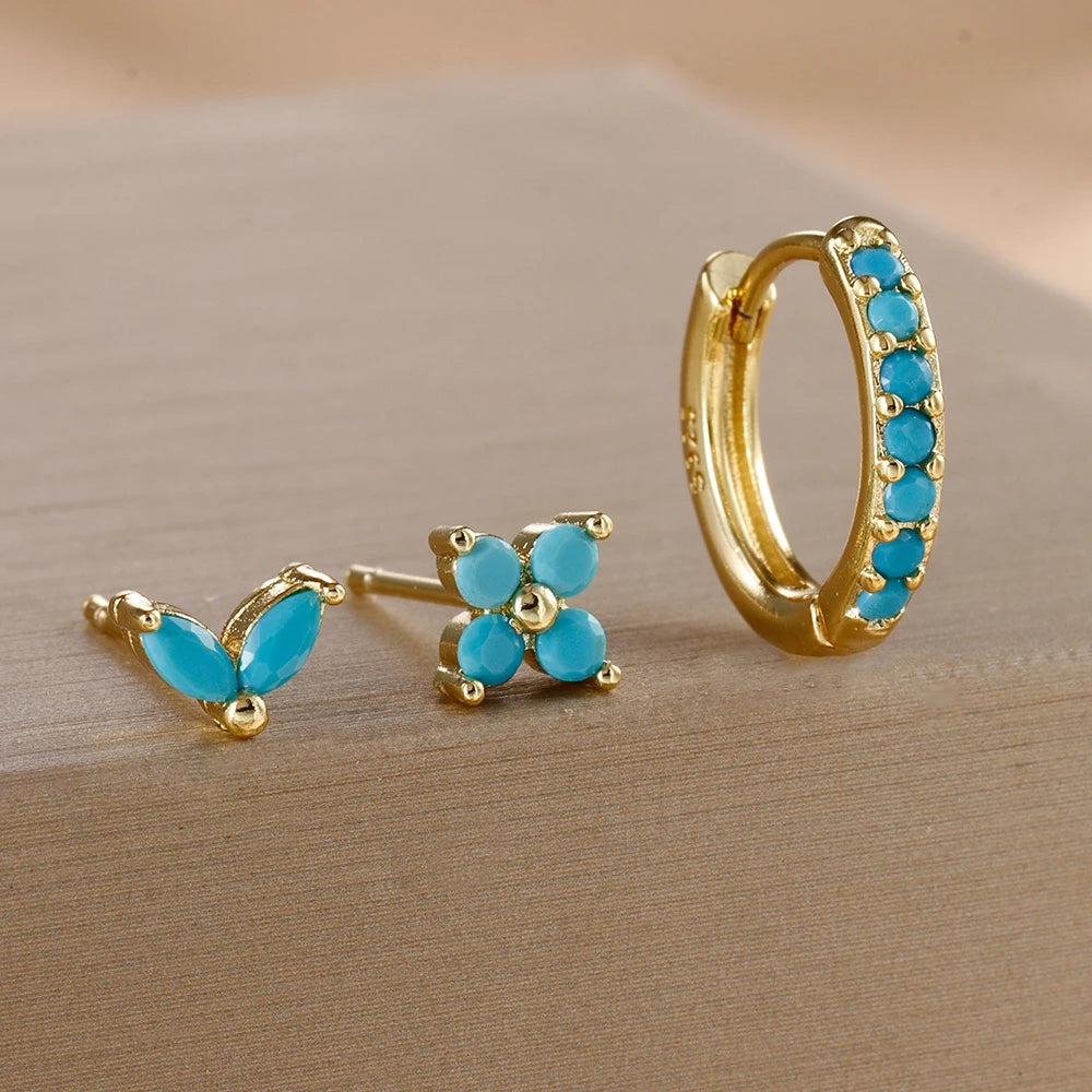 3-Piece Gold Circle Hoop Earrings Set with Zircon Flower Studs