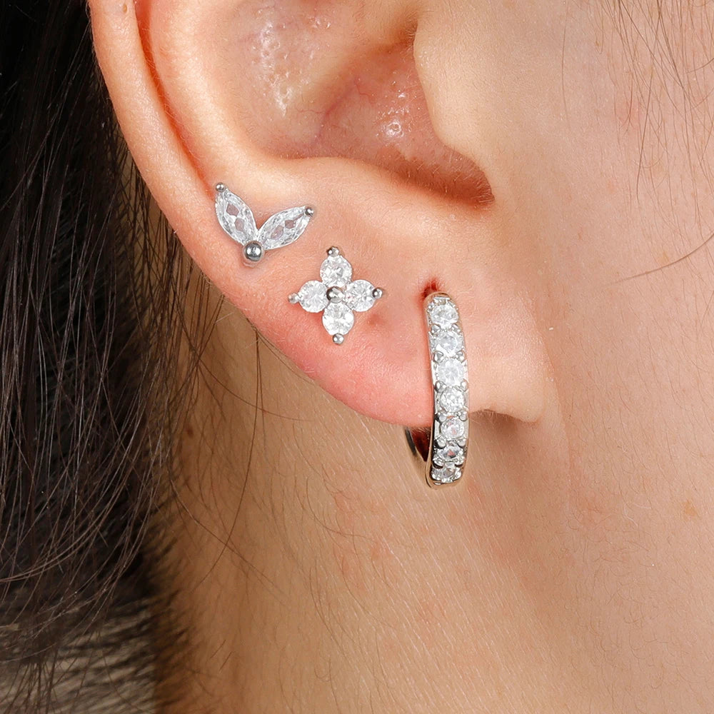 3-Piece Gold Circle Hoop Earrings Set with Zircon Flower Studs