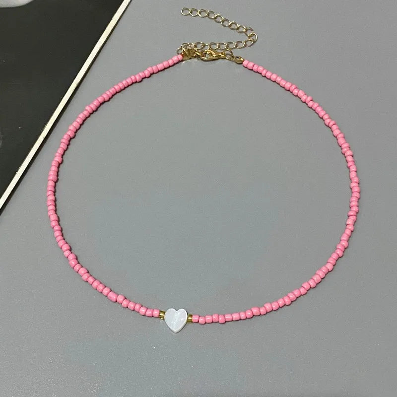Nature-Inspired Shell & Heart Choker Necklace - Colorful Glass Beads Spring/Summer Jewelry Gift