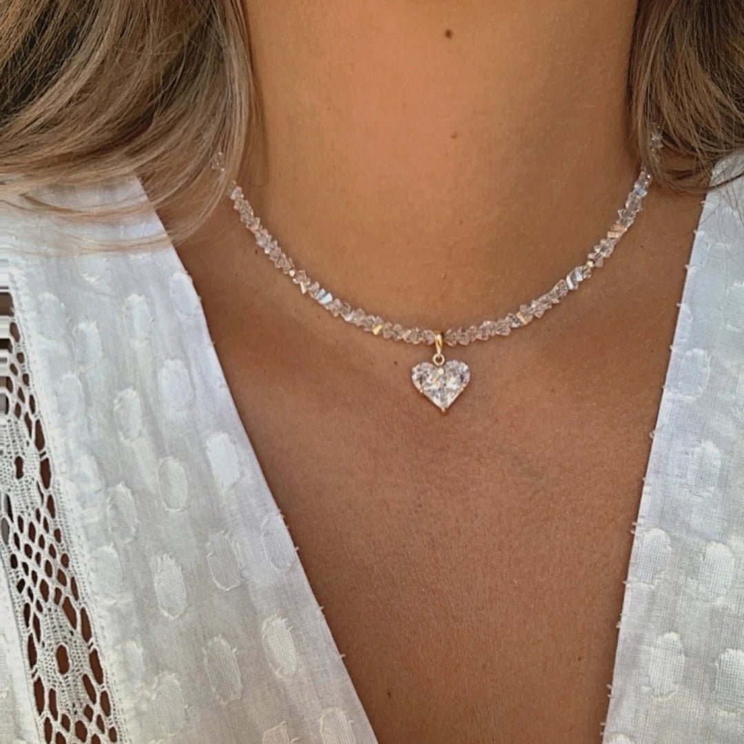 Vintage Baroque Zircon Heart Pendant Necklace – Boho Geometric Crystal Chain Jewelry for Women