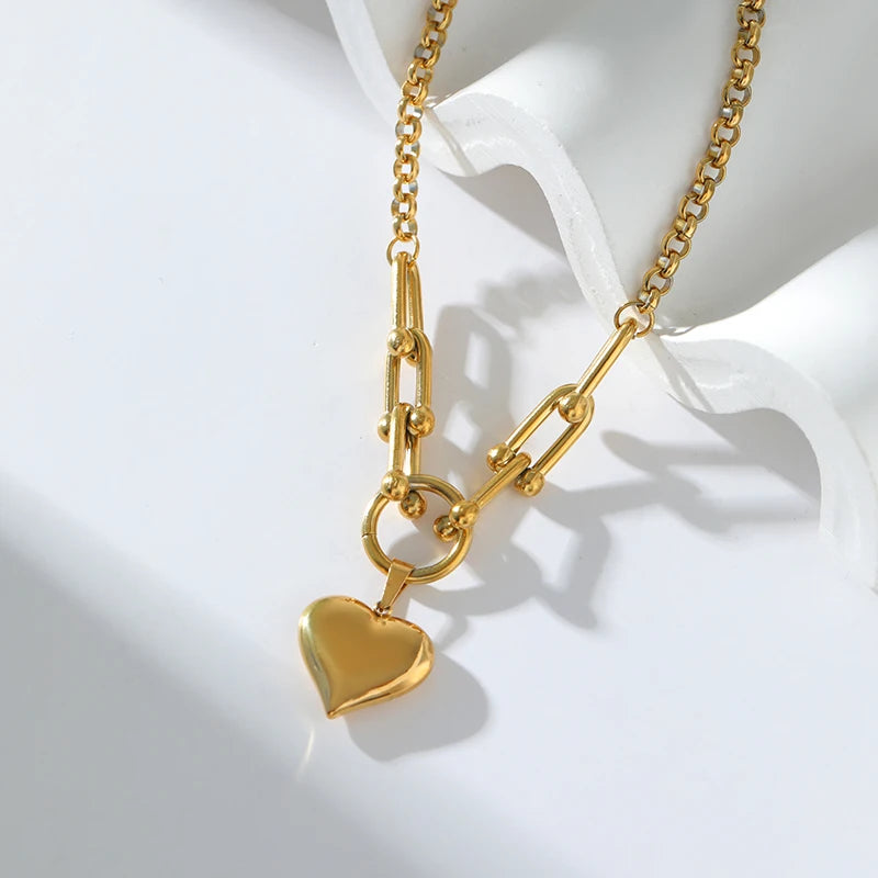 EILIECK 316L Stainless Steel Heart Pendant Necklace - 18K Gold Plated Waterproof Love Jewelry