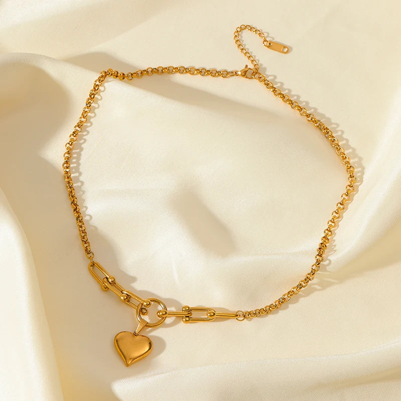 EILIECK 316L Stainless Steel Heart Pendant Necklace - 18K Gold Plated Waterproof Love Jewelry
