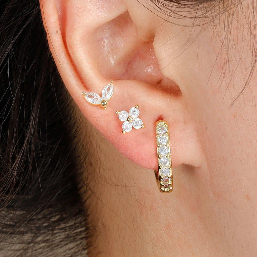 3-Piece Gold Circle Hoop Earrings Set with Zircon Flower Studs