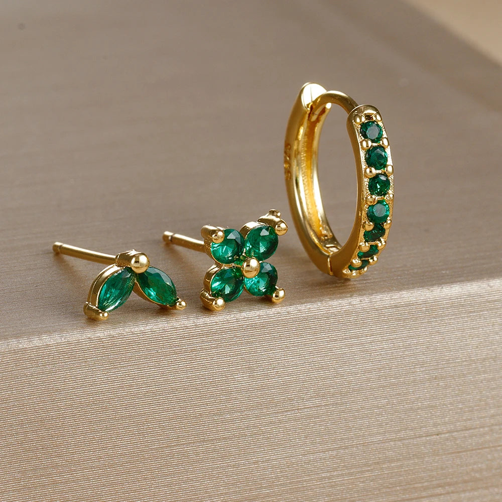 3-Piece Gold Circle Hoop Earrings Set with Zircon Flower Studs