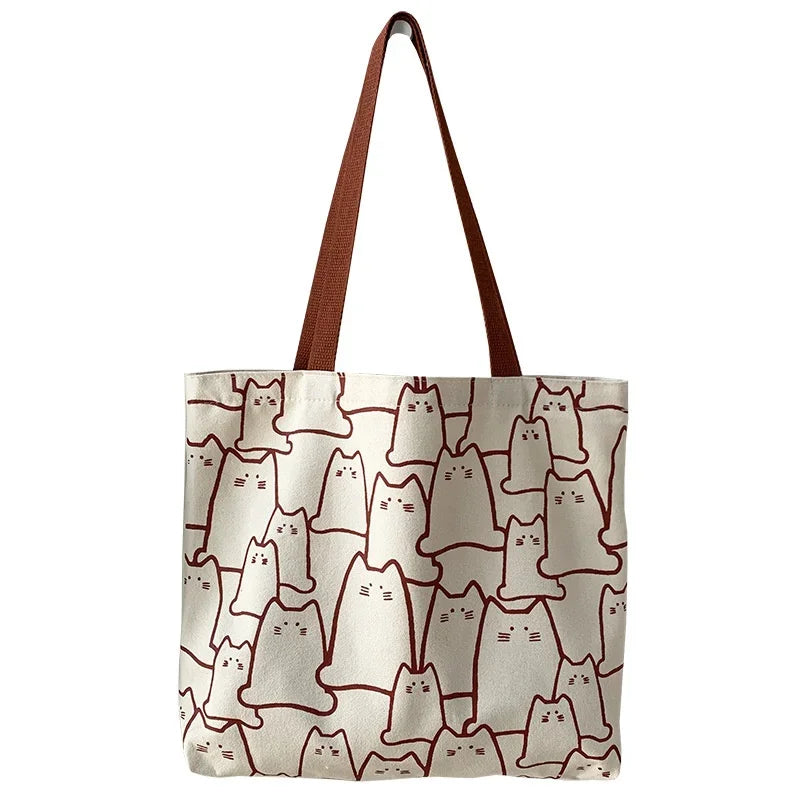Japanese Cartoon Cat Tote Bag - Cute Canvas Shopper Handbag for Women & Girls