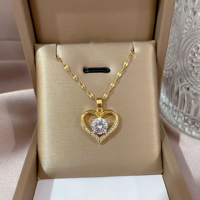 Golden Heart & Lips Pendant Necklace - Stainless Steel Fashion Jewelry for Women