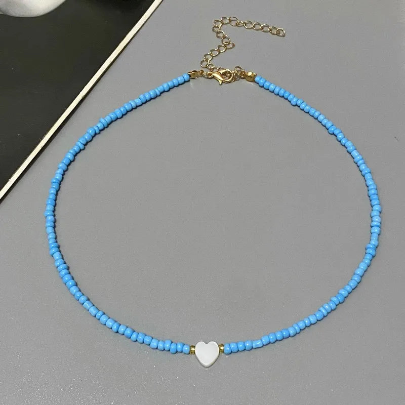 Nature-Inspired Shell & Heart Choker Necklace - Colorful Glass Beads Spring/Summer Jewelry Gift
