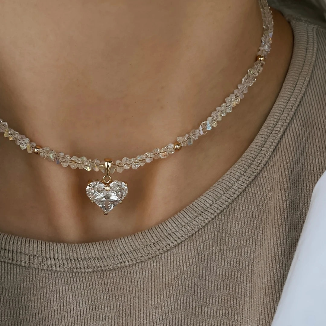 Vintage Baroque Zircon Heart Pendant Necklace – Boho Geometric Crystal Chain Jewelry for Women