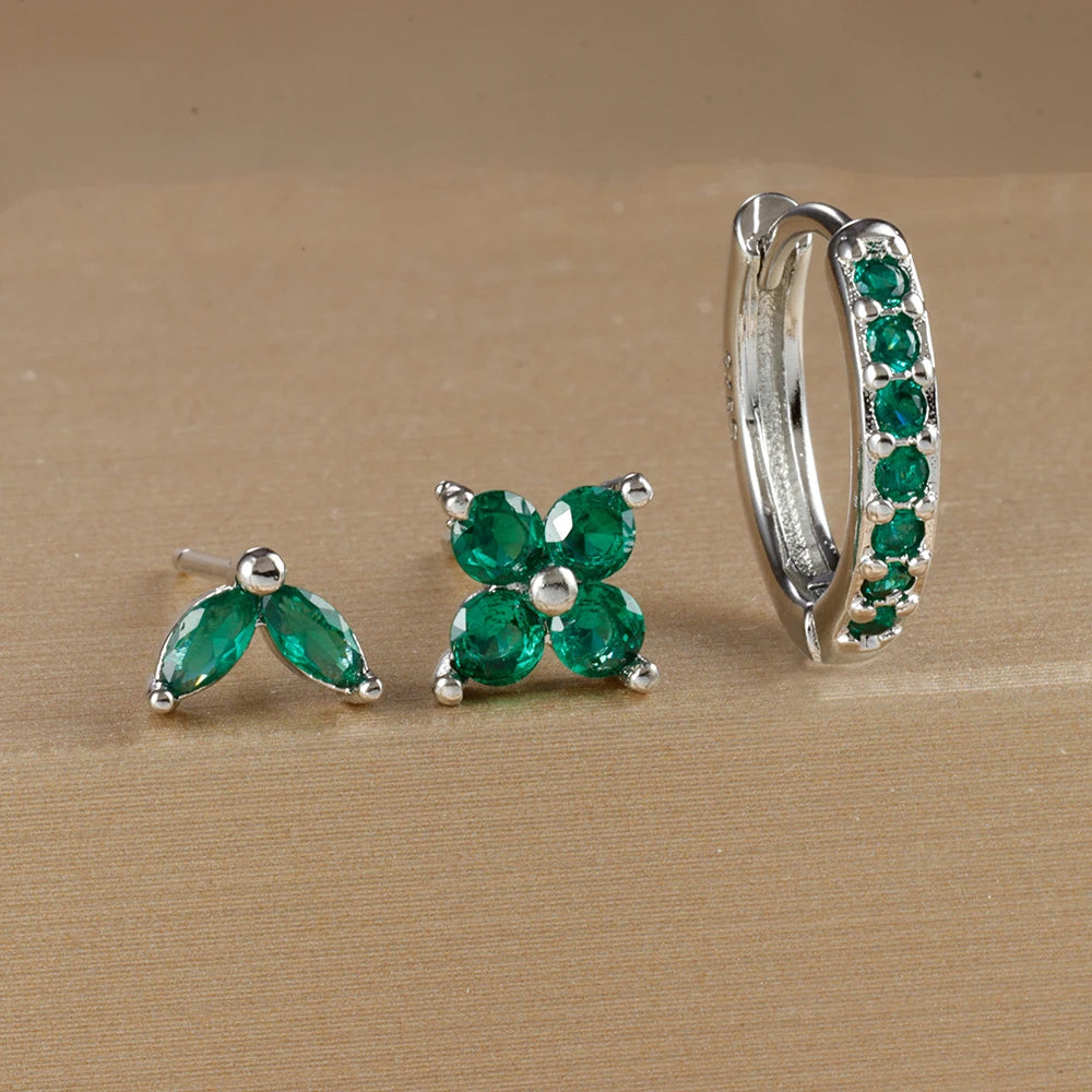 3-Piece Gold Circle Hoop Earrings Set with Zircon Flower Studs