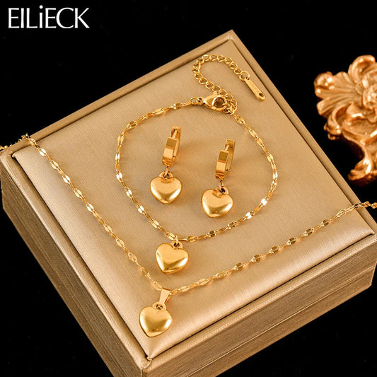 EILIECK 316L Stainless Steel Heart Jewelry Set - 18K Gold Plated & Waterproof