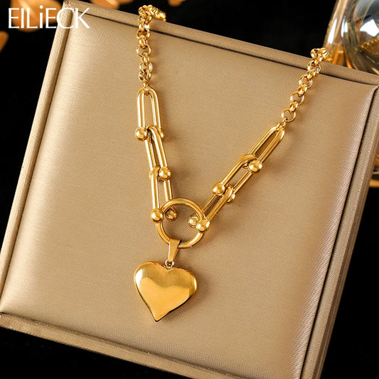 EILIECK 316L Stainless Steel Heart Pendant Necklace - 18K Gold Plated Waterproof Love Jewelry