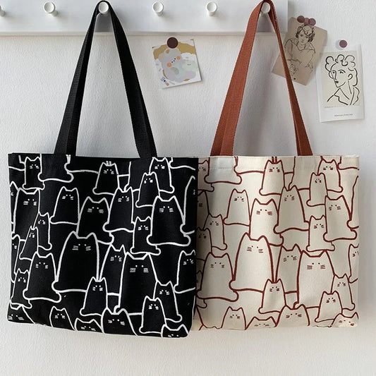 Japanese Cartoon Cat Tote Bag - Cute Canvas Shopper Handbag for Women & Girls