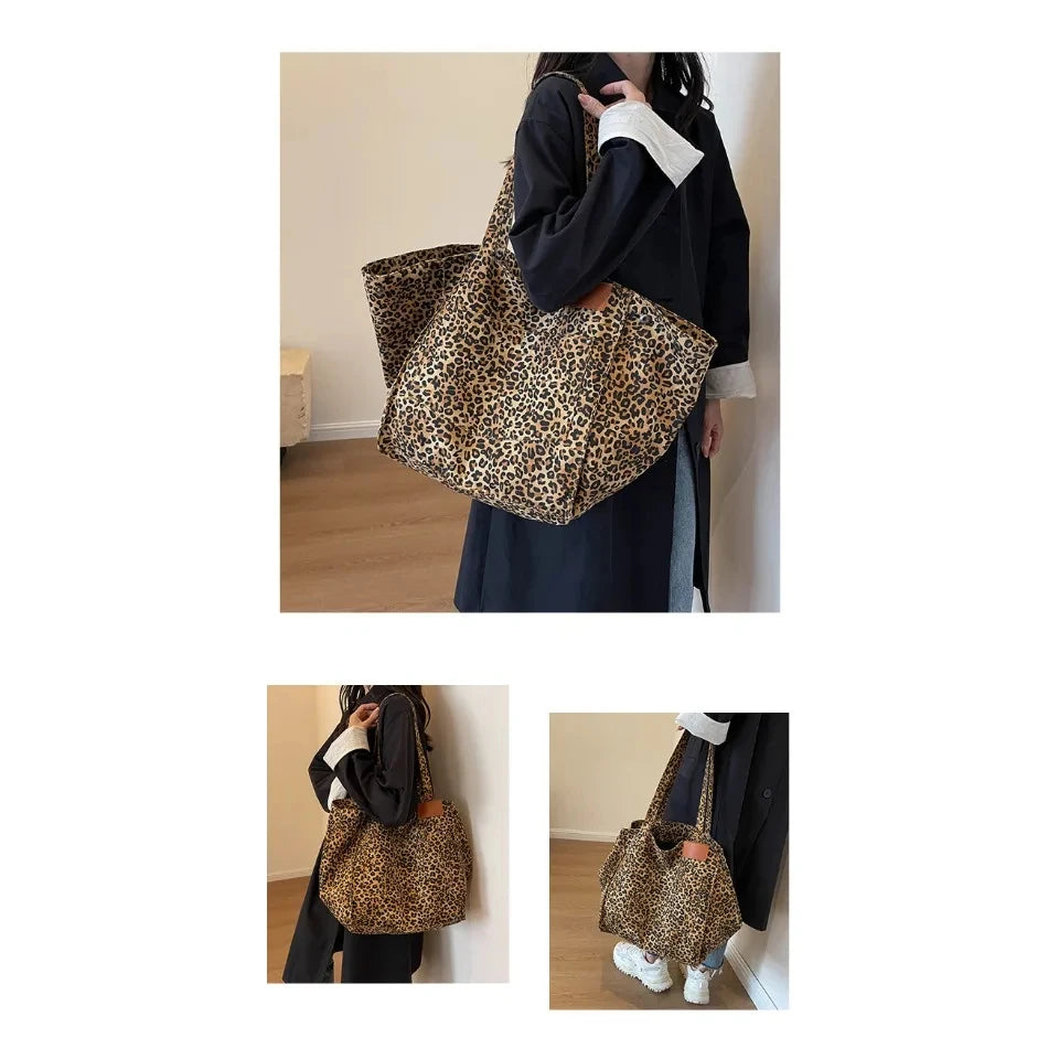 Leopard Print Canvas Tote Bag – Large Capacity Retro Shoulder Bag for School, Work & Shopping