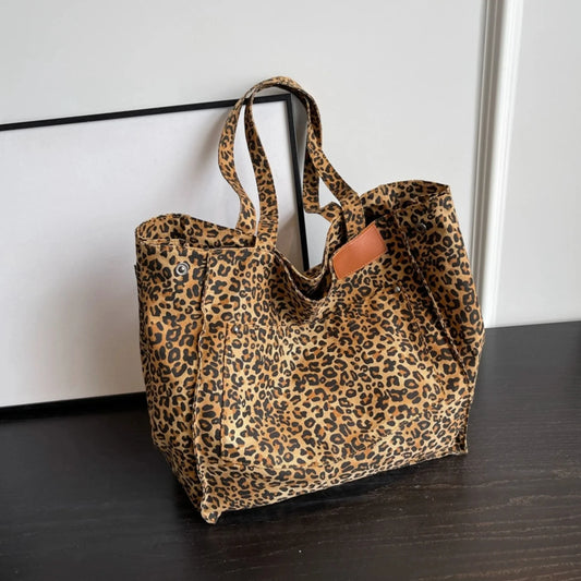 Leopard Print Canvas Tote Bag – Large Capacity Retro Shoulder Bag for School, Work & Shopping