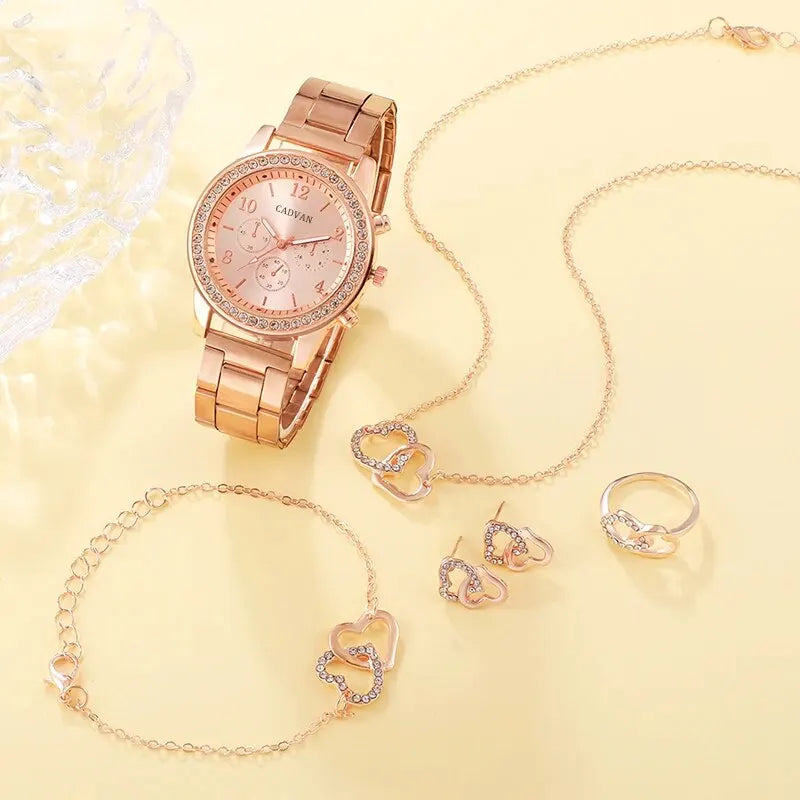 Conjunto de 6 piezas de joyería y reloj en oro rosa: accesorios de lujo para mujer