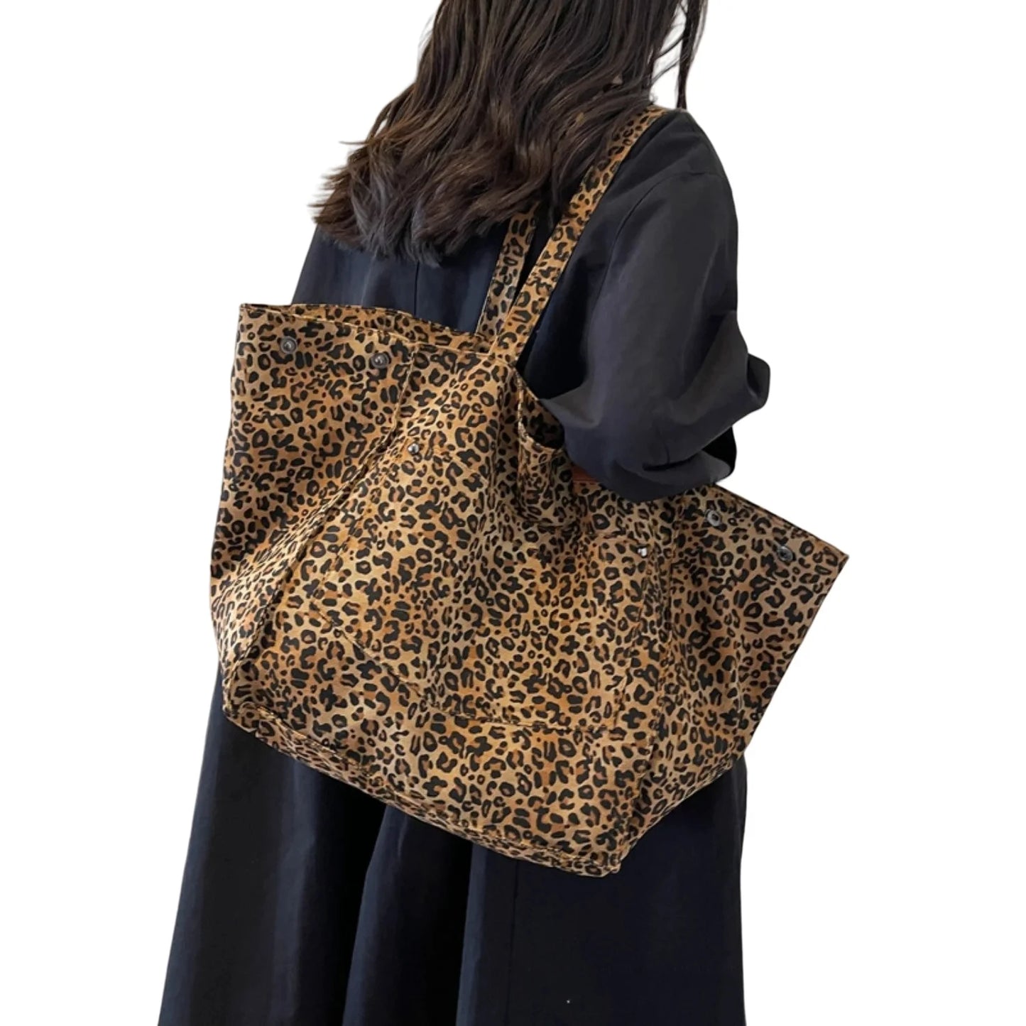 Leopard Print Canvas Tote Bag – Large Capacity Retro Shoulder Bag for School, Work & Shopping